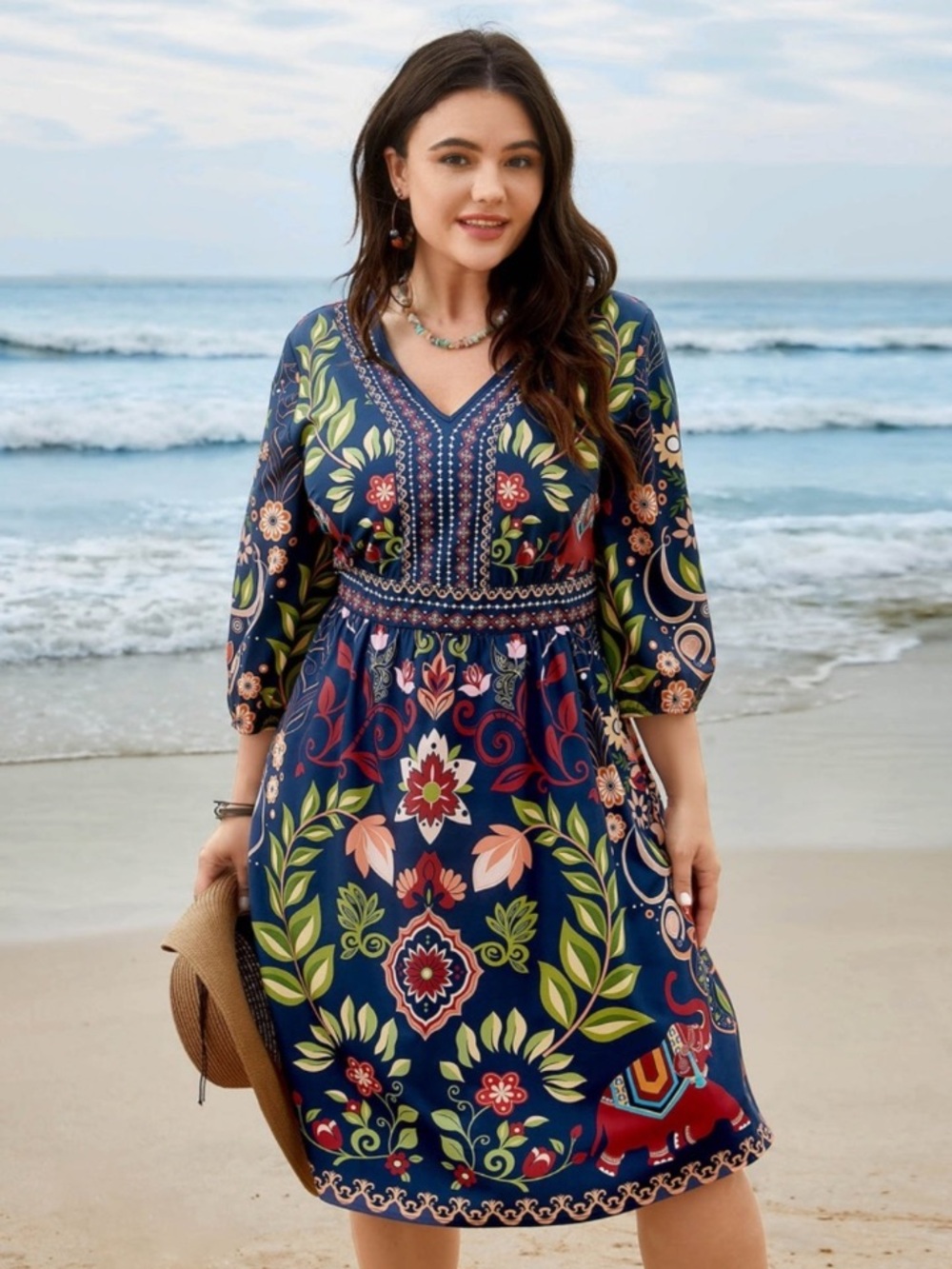 BloomChic Navy Multicolor Floral & Elephant Print Midi Dress - Picture 13 of 13
